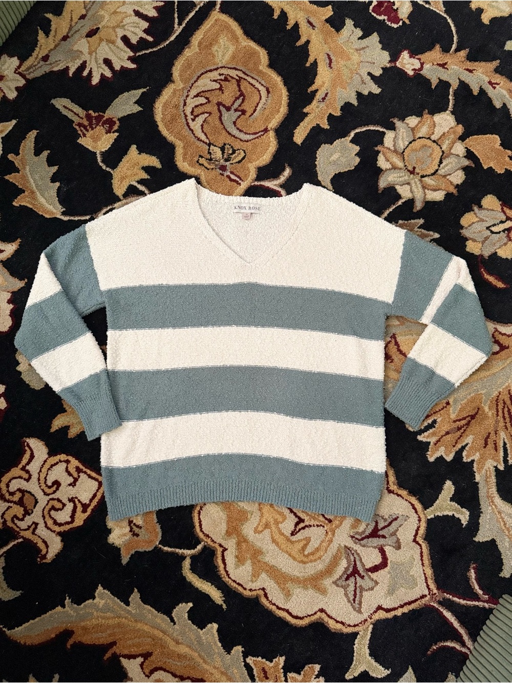 Knox Rose Cozy V-Neck Striped Sweater - Cream and Light Sage